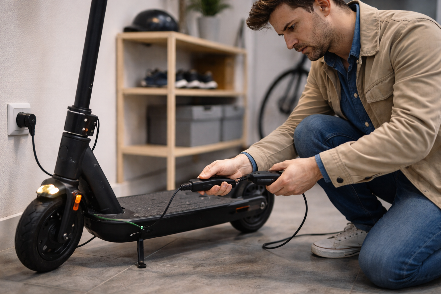 E-Scooter Akku richtig pflegen und laden E-Scooter wird in geschützter Umgebung korrekt geladen als Symbol für Akku-Pflege und längere Lebensdauer