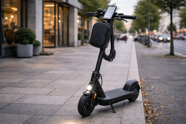 E-Scooter mit praktischen Gadgets wie Handyhalterung, Tasche und Beleuchtung für den Alltag