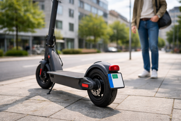 E-Scooter mit sichtbar angebrachtem Versicherungskennzeichen als Nachweis für legalen Versicherungsschutz