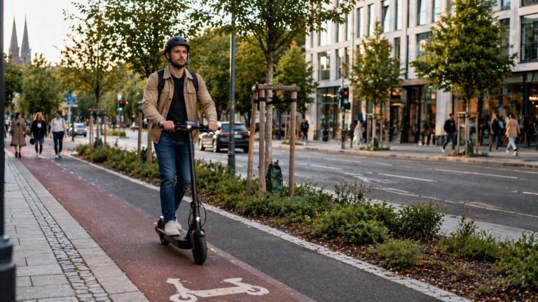 E-Scooter Fahrer im Straßenverkehr als Symbol für Recht, Regeln und sicheres regelkonformes Fahren