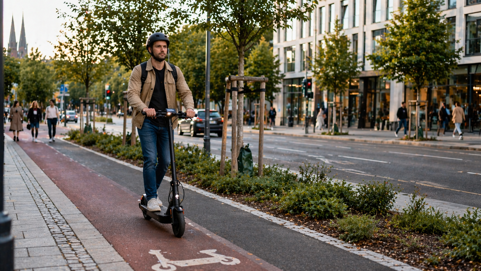 E-Scooter Recht und Regeln im Straßenverkehr E-Scooter Fahrer im Straßenverkehr als Symbol für Recht, Regeln und sicheres regelkonformes Fahren