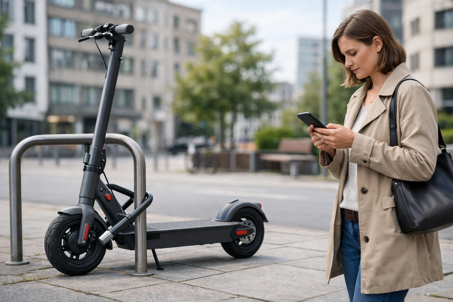 Abgeschlossener E-Scooter als Symbol für Teilkasko, Diebstahlschutz und sinnvolle Absicherung
