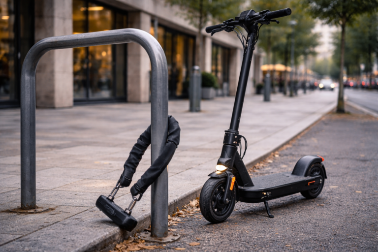 E-Scooter mit stabilem Schloss an einem festen Gegenstand als Symbol für Diebstahlschutz im Alltag