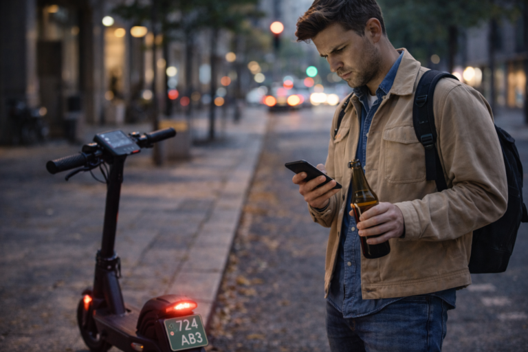 Person neben E-Scooter in einer unsicheren Abendsituation als Symbol für Alkoholgrenze, Promille und rechtliche Folgen
