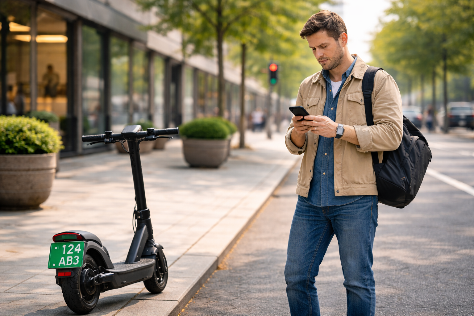 Person mit E-Scooter liest Antworten auf häufige Fragen zu Versicherung, Regeln und Nutzung