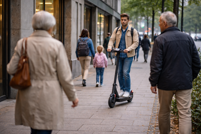 E-Scooter auf einem Gehweg zwischen Fußgängern als Beispiel für Regelverstoß im Straßenverkehr
