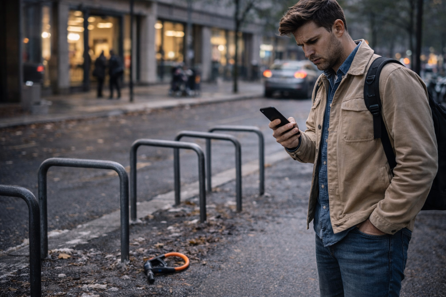 Person an leerem Abstellplatz mit Smartphone nach E-Scooter Diebstahl als Symbol für Anzeige und Versicherung