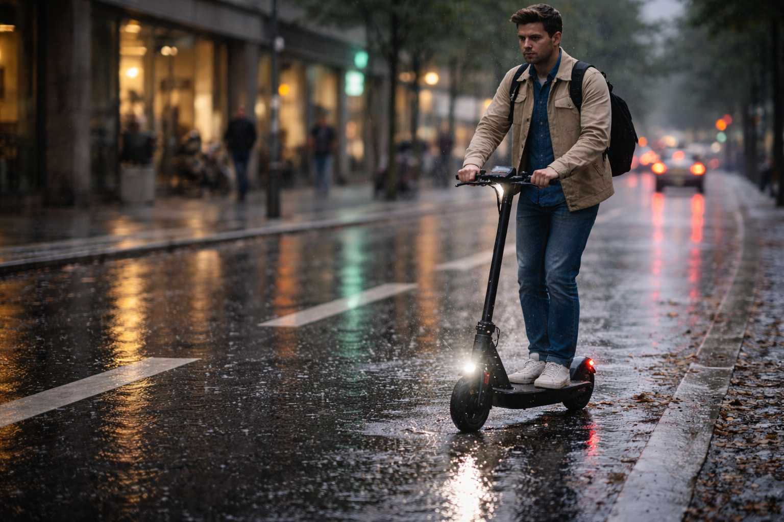 E-Scooter bei Regen auf nasser Straße als Symbol für Sicherheit, Sichtbarkeit und vorsichtiges Fahren