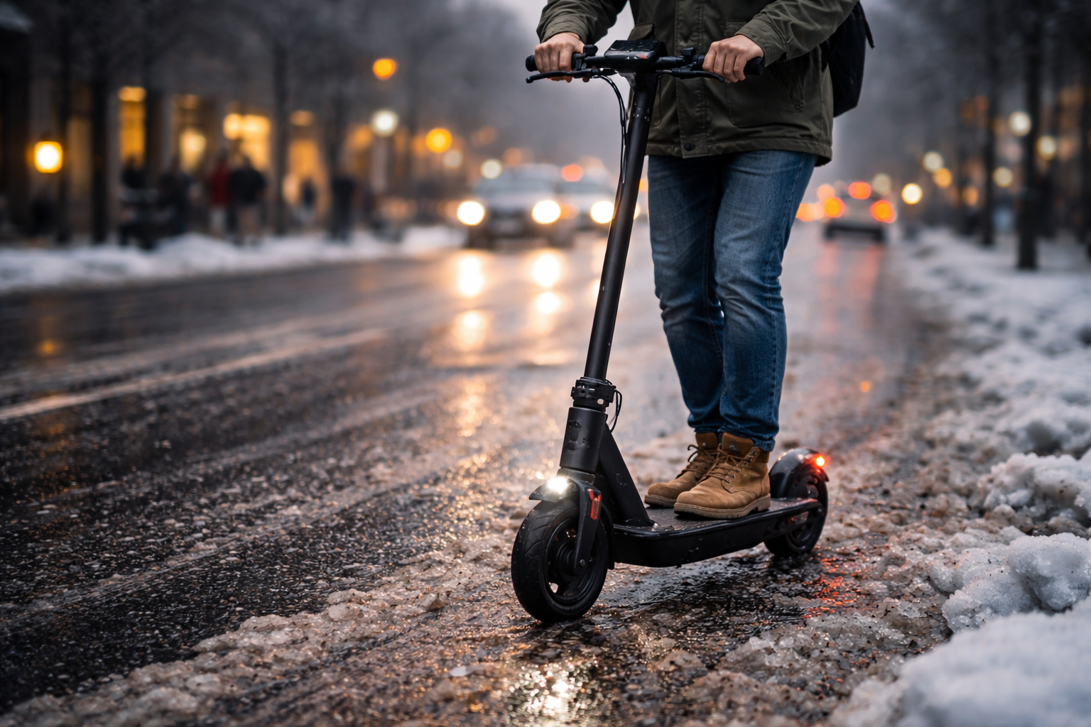 E-Scooter bei winterlichen Bedingungen auf nasser Straße als Symbol für Sicherheit, Akku und Reichweite im Winter