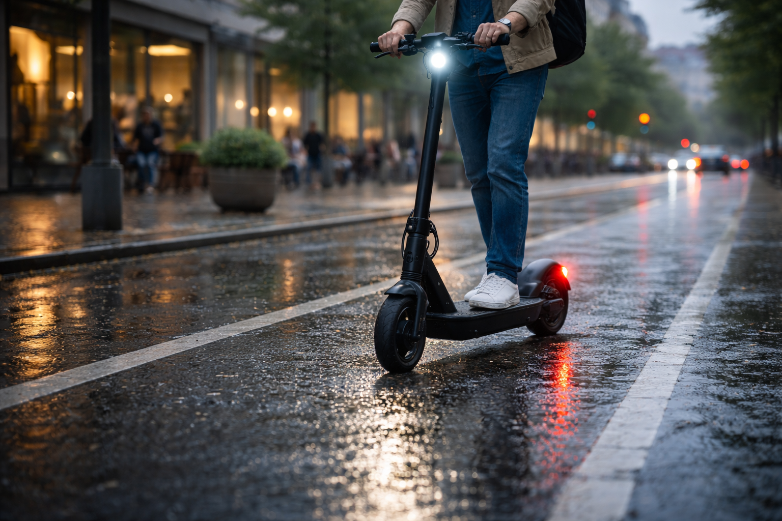 E-Scooter mit heller Beleuchtung bei Dämmerung für bessere Sichtbarkeit und Sicherheit