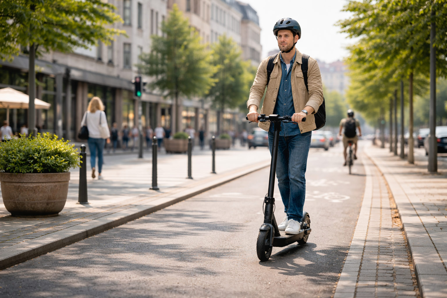 E-Scooter Fahrer im Straßenverkehr als Symbol für Regeln, Sicherheit und Ratgeber-Themen