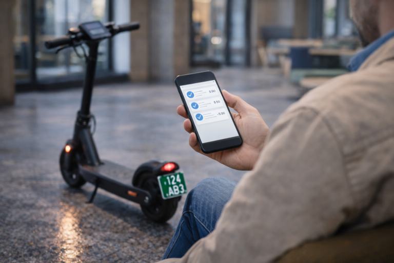 Person vergleicht günstige E-Scooter Versicherungen unter 30 Euro online mit E-Scooter im Hintergrund