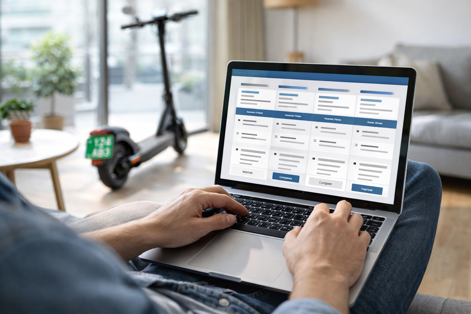E-Scooter Versicherung online vergleichen auf Smartphone oder Laptop mit sichtbar abgestelltem E-Scooter