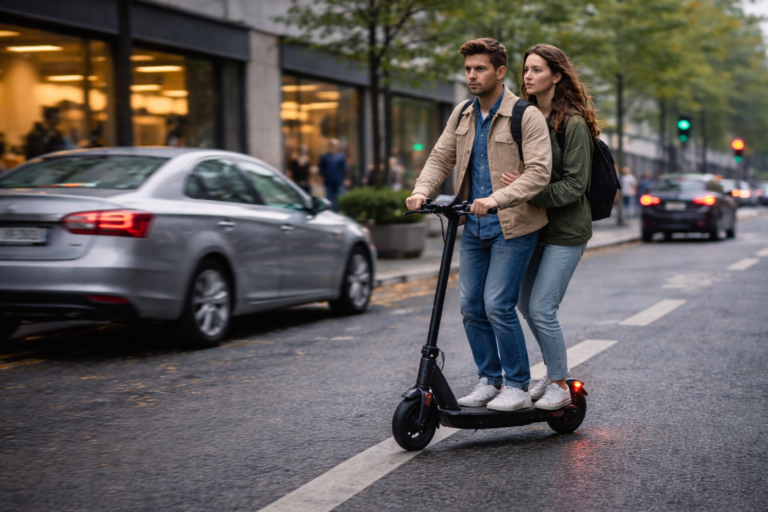 Zwei Personen auf einem E-Scooter als Beispiel für das verbotene Fahren zu zweit