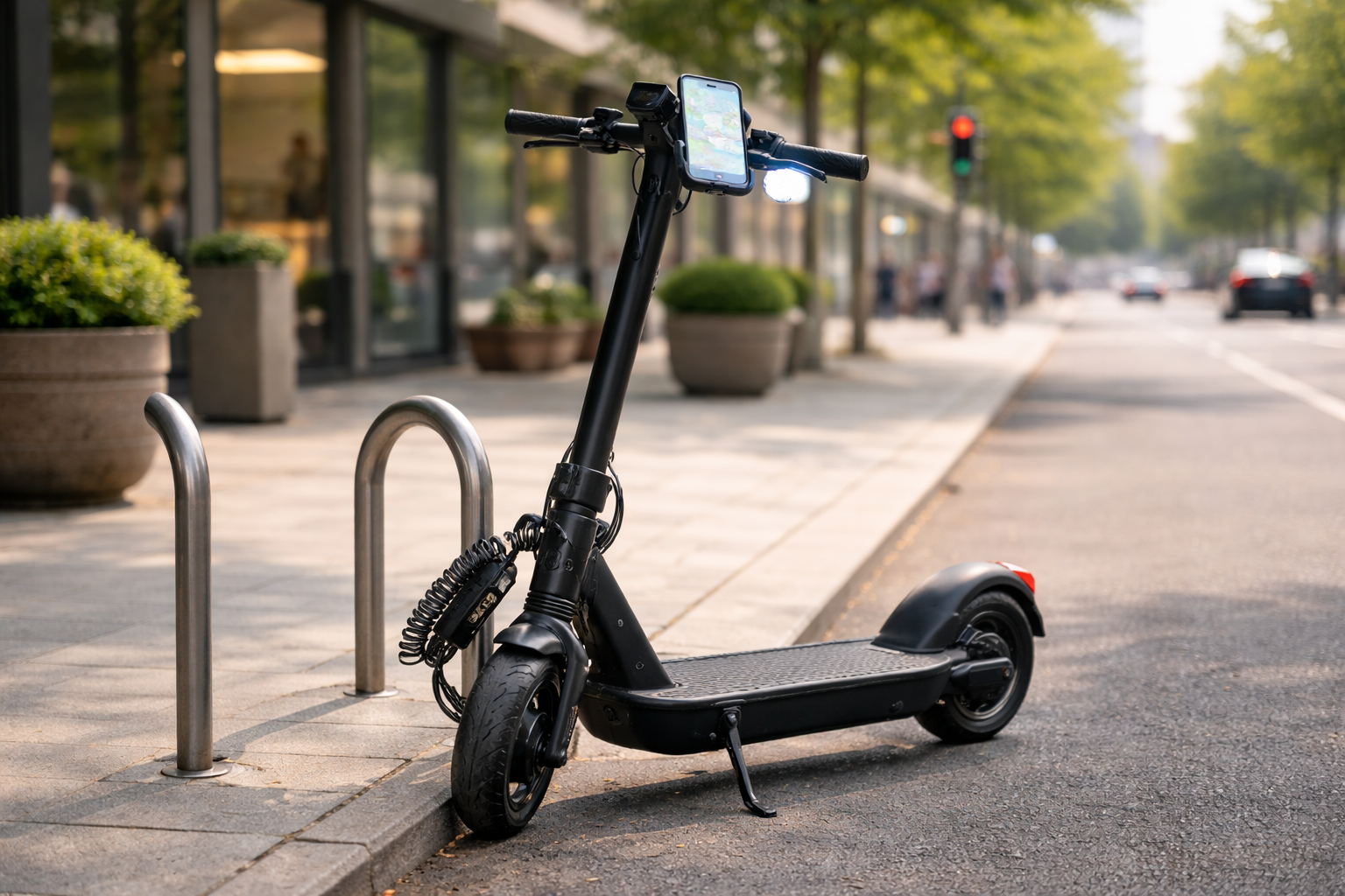 E-Scooter mit Schloss, Handyhalterung und Beleuchtung als sinnvolles Zubehör für Alltag und Sicherheit