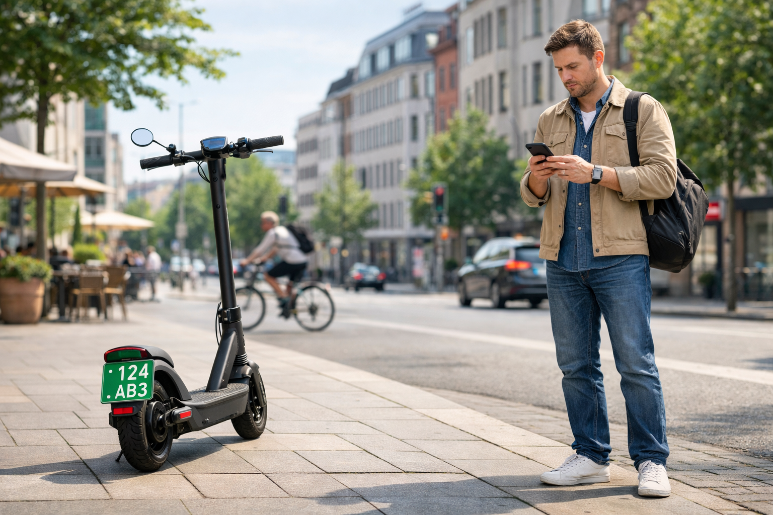 E-Scooter mit Versicherungskennzeichen in einer deutschen Stadt als Symbol für E-Scooter Versicherung und Tarifvergleich
