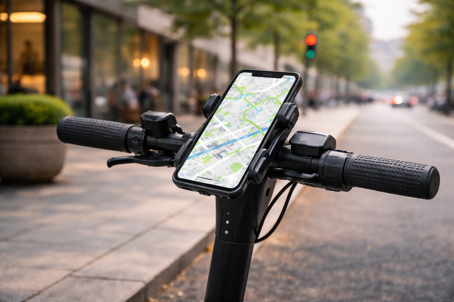 Smartphone in einer Handyhalterung am E-Scooter Lenker für Navigation und sichere Nutzung unterwegs