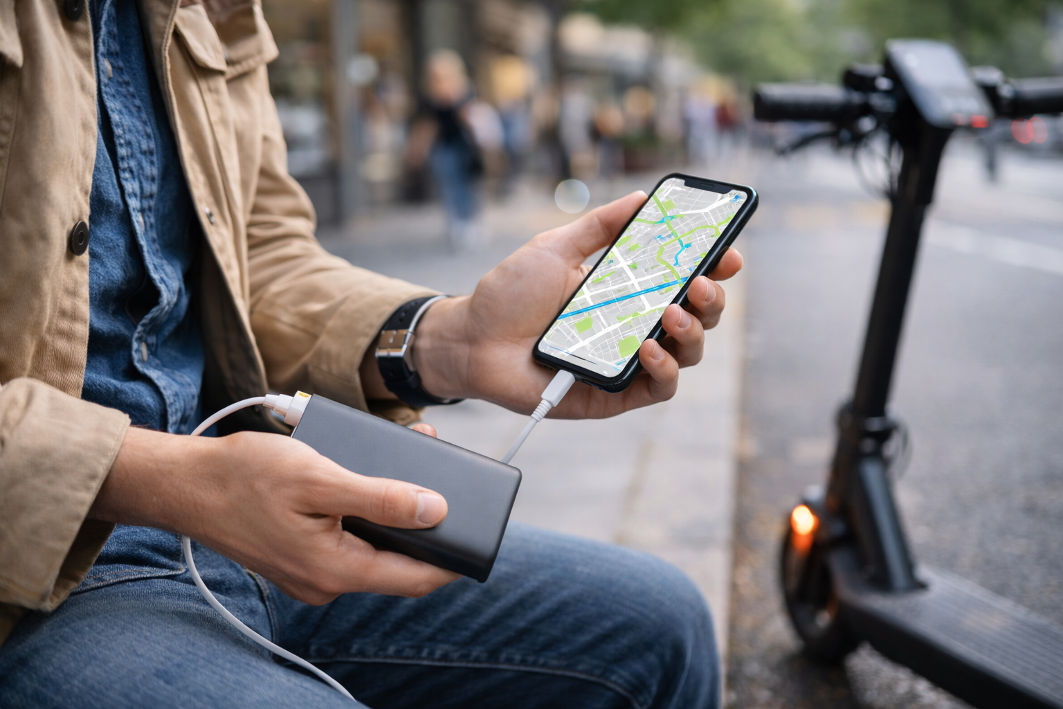 Smartphone wird unterwegs mit Powerbank neben einem E-Scooter geladen für Navigation und Alltag